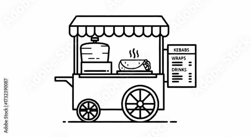 Savor delicious kebabs and wraps from a vibrant food cart, offering refreshing drinks for a perfect street food experience.