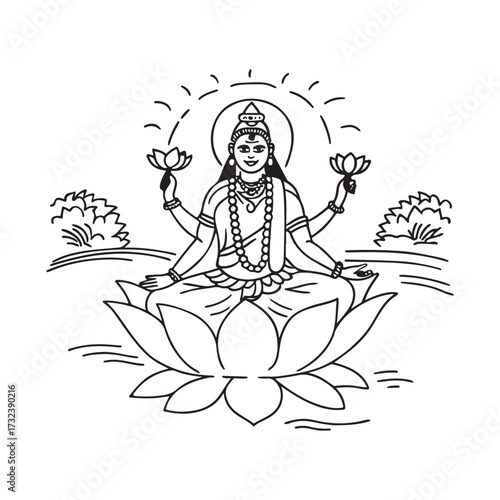 Hindu goddess Lakshmi shown with lotus flowers