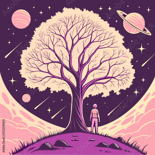 Surreal Cosmic Tree with Planets and Stars