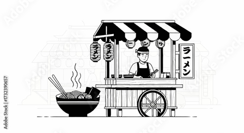 Vibrant Japanese ramen cart with steaming noodles and a friendly vendor offering delicious street food in a bustling market scene