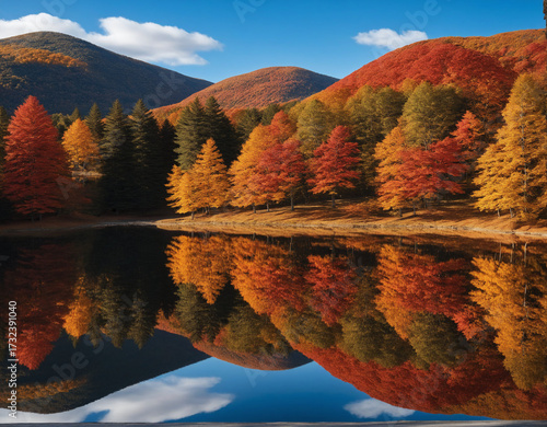 Colorful autumn forest, perfect reflection on a lake, fall scenery, nature