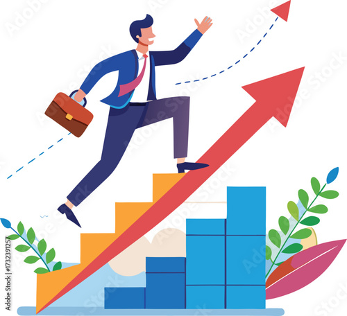 Successful Businessman Climbing Growth Chart for Career and Financial Success