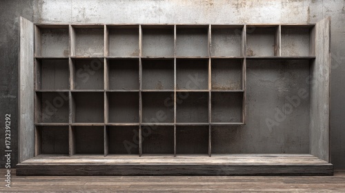 Wallpaper Mural Empty rustic wooden cubby shelf against concrete wall. AI generative Torontodigital.ca