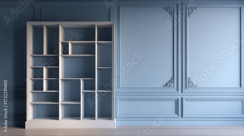 Wallpaper Mural Empty modular bookshelf in classic blue paneled interior with ornate moldings. AI generative Torontodigital.ca