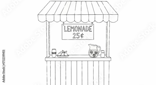 Charming hand drawn lemonade stand with fresh lemons and pitcher, perfect for summer themes and childhood nostalgia.