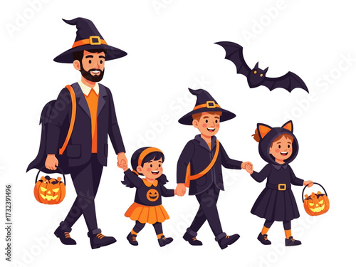Family Halloween Fun: A cheerful family dressed in Halloween costumes walking together, carrying pumpkin-shaped treat baskets, with a cute bat adding to the festive atmosphere.