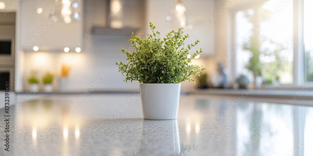 Fototapeta premium Plant on kitchen counter, modern home, sunlight. Home decor