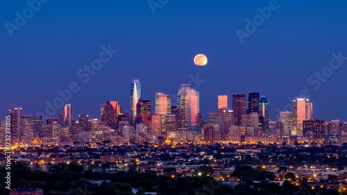 Beautiful Full Moon Over Houston Skyline at Night.