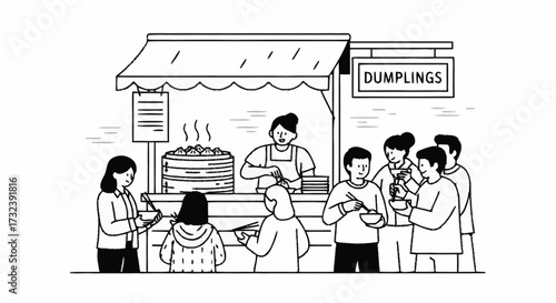 Joyful people gather at a bustling street food stall, happily enjoying delicious steaming dumplings served by a friendly vendor.