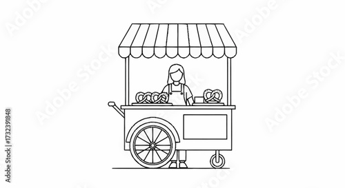 Friendly vendor offers delicious pretzels from a charming street cart, inviting customers to enjoy a savory treat with a smile