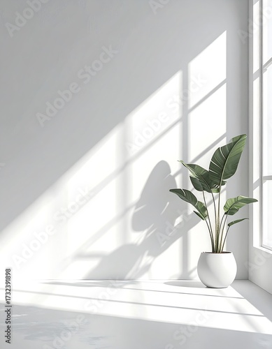 Minimalist interior with a potted plant and window light casting shadows indoor white