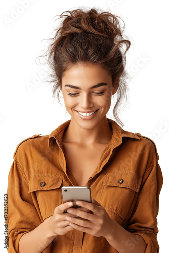Smiling Young Woman Holding Smartphone: Modern Lifestyle Portrait With Casual Fashion, Natural Expression, And Bright Minimal Background Symbolizing Communication And Digital Connection