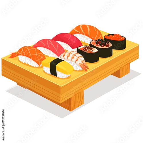 Colorful sushi assortment with glossy delicate texture symbolizing harmony, joy, and prosperity in Japanese cuisine 
