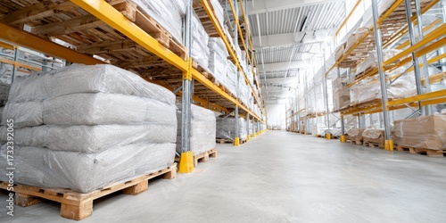 Warehouse with pallets of white material stacked on top of each other