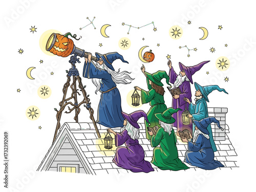 Wizards Gaze at the cosmos: A gathering of whimsical wizards and witches, garbed in their enchanting attire, gaze intently through a pumpkin-shaped telescope towards the celestial sphere.