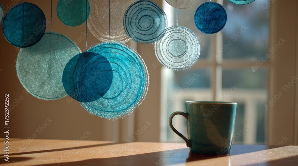 custom made wallpaper toronto digitalTeal ceramic mug on wooden table beneath hanging felt circles mobile by window light. AI generative