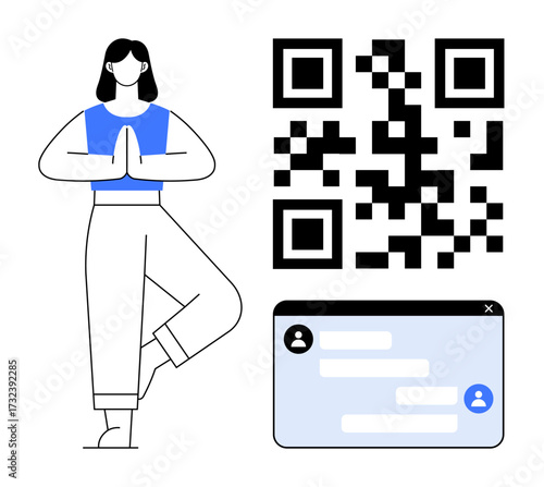 Woman balancing in tree pose beside a large QR code and a chat interface, blending physical wellness with digital connectivity. Ideal for health tech, app onboarding, mindfulness promotion, digital