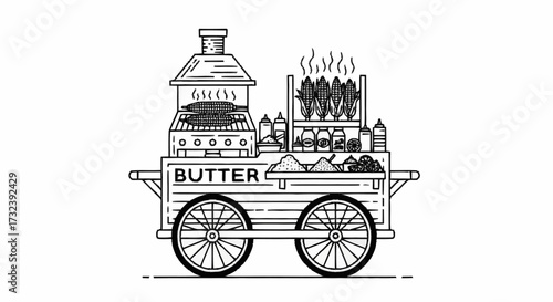 Delicious grilled corn cart with butter, condiments, and toppings offers a vibrant street food experience perfect for summer events.