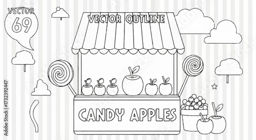 Whimsical candy apple stand illustration brings sweet joy and nostalgic charm to any creative project with delightful treats.