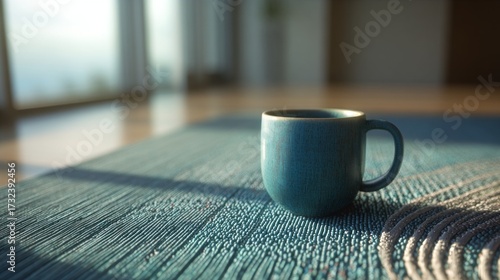 Wallpaper Mural Teal ceramic mug on a textured mat in soft morning light, minimalist interior. AI generative Torontodigital.ca