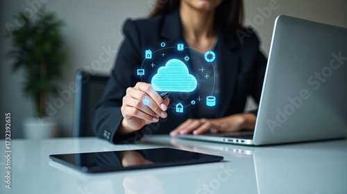 A woman interacts with a laptop, with a cloud and tech icons displayed.