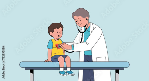 Doctor examining a young boy with a stethoscope during a medical checkup.