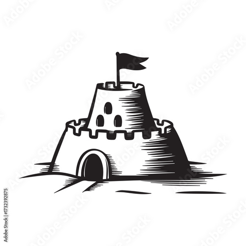 A black and white drawing of a very cute and simple sand castle with thick lines.