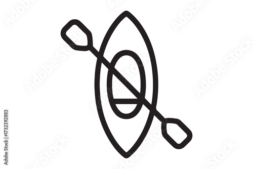 Simple black outline kayak and paddle icon for outdoor adventures and water sports