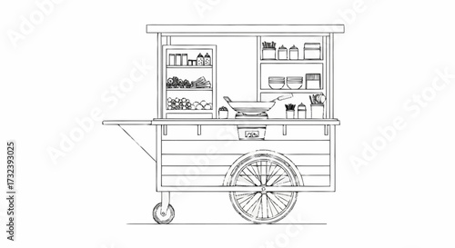 Vibrant street food cart brimming with fresh ingredients and cooking utensils, ready to delight hungry customers with delicious meals.