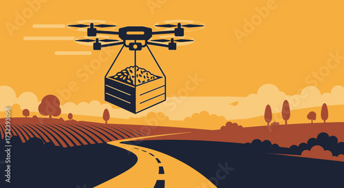 Drone delivering a crate of goods over a rural landscape.