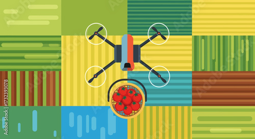 Drone collecting fresh strawberries from a farm field.
