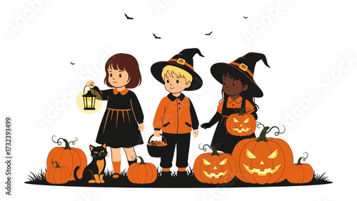 Spooky Halloween Friends: A cute illustration of children in Halloween costumes with pumpkins. A heartwarming Halloween scene perfect for holiday projects.