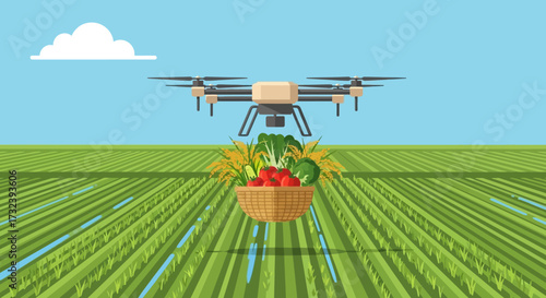 Drone delivering fresh basket of organic vegetables from farm field.