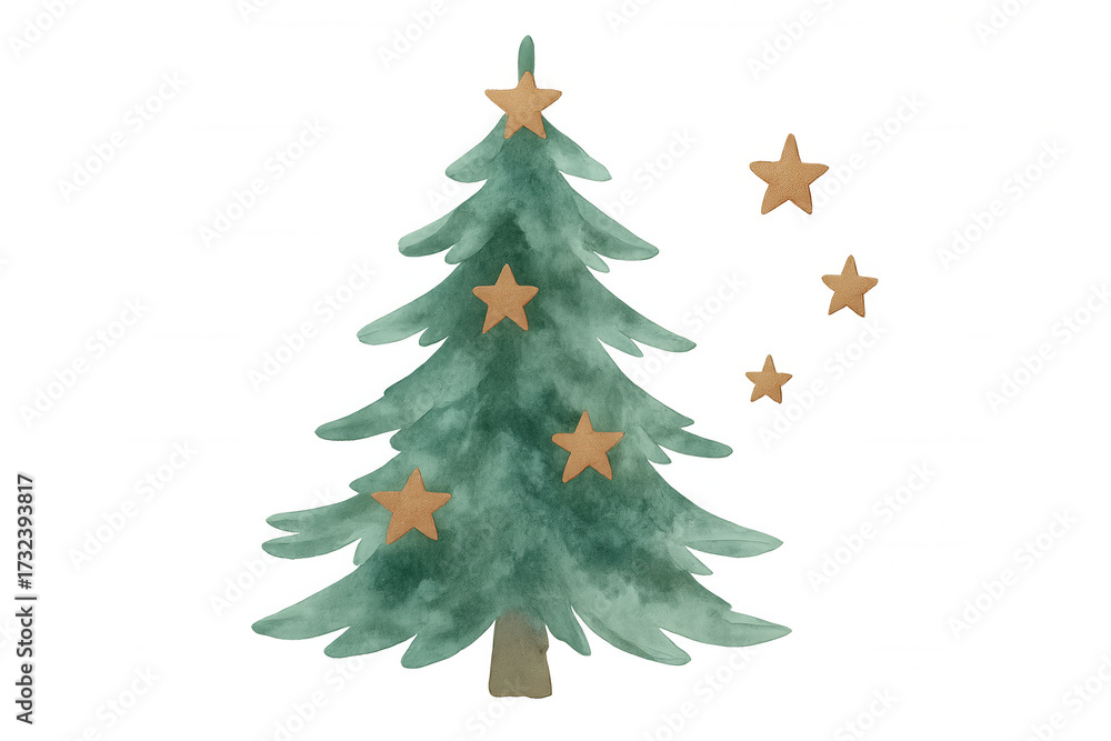 Obraz premium Watercolor christmas tree with gingerbread stars, festive holiday season decoration, celebrating winter
