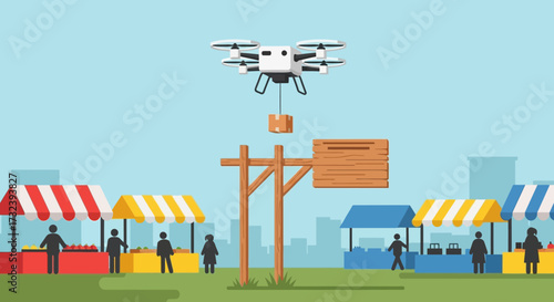 Drone delivering package to a market stall.