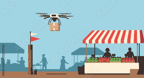 Drone delivering package to outdoor market stall.