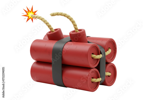 Dynamite sticks PNG isolated on transparent background, explosive device with burning fuse for danger and demolition
