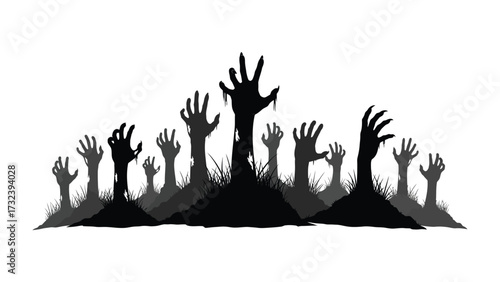 Zombie Hands Rising from Ground: Silhouette of a horde of zombie hands reaching up from the ground, creating a spooky atmosphere, perfect for Halloween themes.