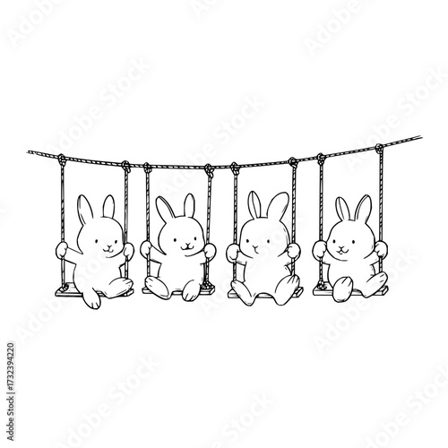 Four cute bunnies swinging on rope swings suspended from a rope bridge in a black and white illustration