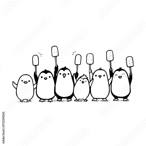 A group of six cartoon penguins holding up marshmallows on sticks in a black and white illustration