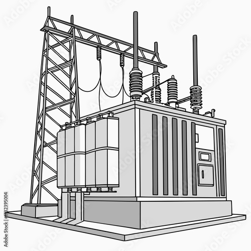 A detailed illustration of an electrical substation transformer with a transmission tower and power lines against a white background
