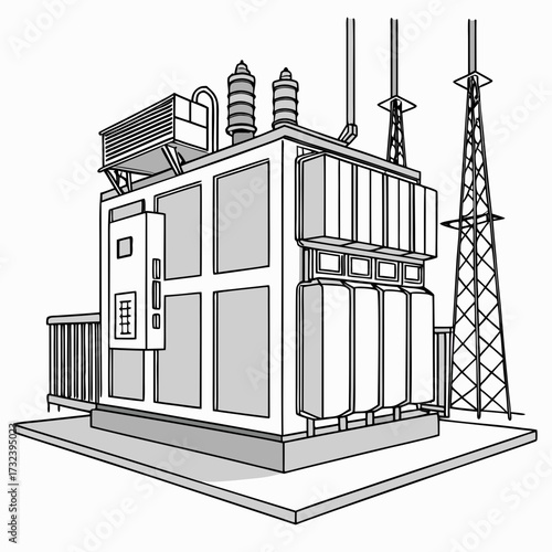 A detailed line art illustration of a large electrical power transformer substation with cooling fins and bushings