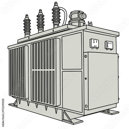 A detailed line art illustration of a large electrical power transformer with insulators and meters on a white background