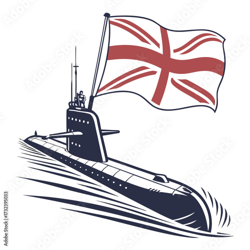 A powerful dark blue submarine with a union jack flag flying proudly above it sails through choppy white water
