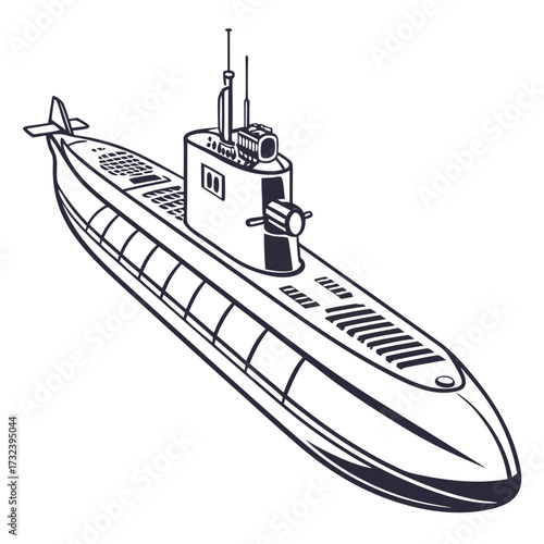 A detailed outline illustration of a modern submarine with a conning tower periscope and antennas on a white background