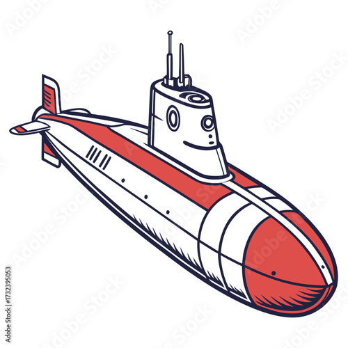 A stylized illustration of a red and white submarine with a friendly face and periscope on a white background
