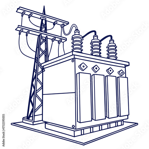 A simple line drawing of an electrical transformer unit connected to a utility pole with overhead power lines and insulators