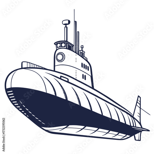 A stylized illustration of a modern military submarine with a dark blue hull and white outline against a white background