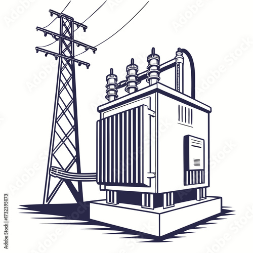 A stylized line art illustration of an electrical transformer and a power line tower connected by cables