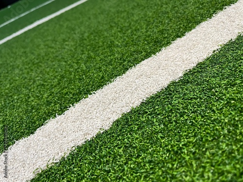 soccer field and grass. Close up white line on green grass. 